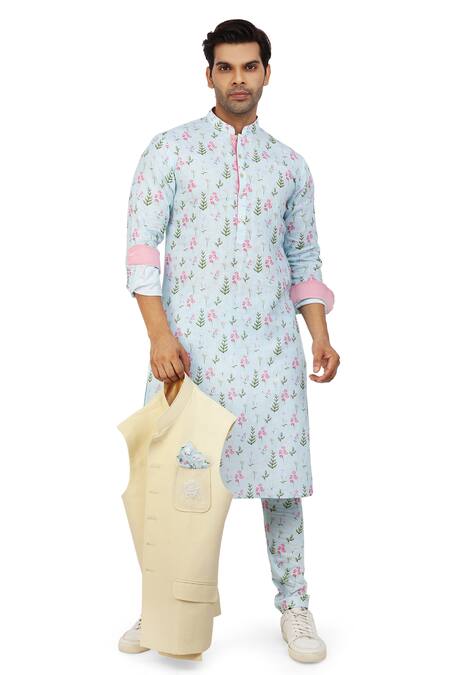 Nitesh Singh Chauhan_Beige Linen And Silk Floral Motifs Bundi With Print Kurta Set _at_Aza_Fashions