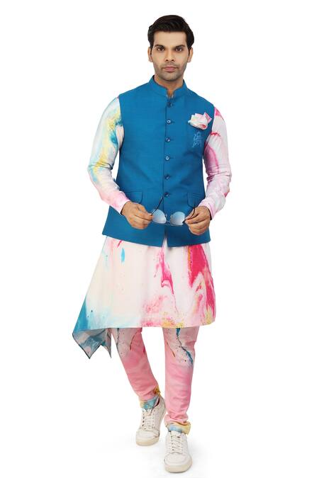 Nitesh Singh Chauhan_Blue Giza And Silk Color Splash Bundi With Printed Kurta Set _Online_at_Aza_Fashions