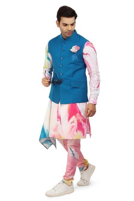 Buy_Nitesh Singh Chauhan_Blue Giza And Silk Color Splash Bundi With Printed Kurta Set _Online_at_Aza_Fashions