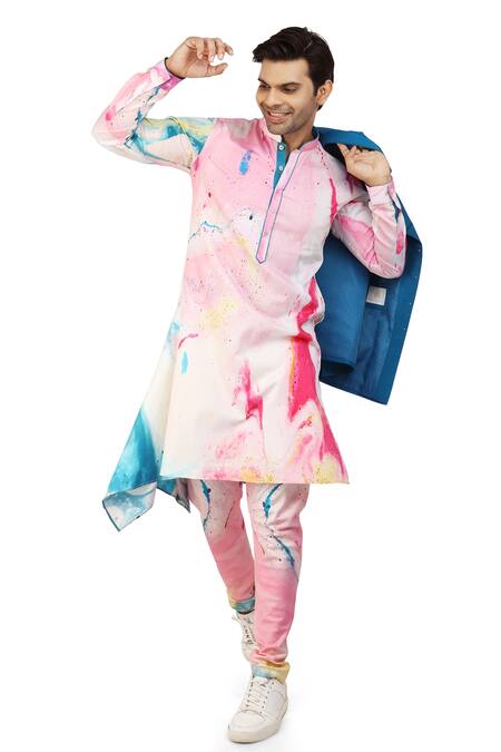 Shop_Nitesh Singh Chauhan_Blue Giza And Silk Color Splash Bundi With Printed Kurta Set _Online_at_Aza_Fashions