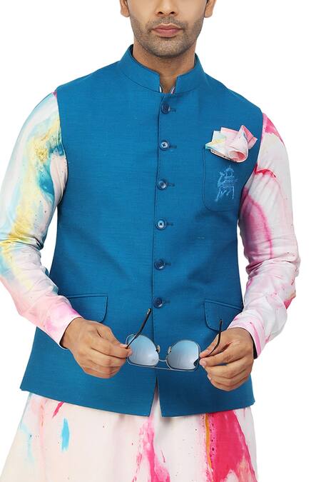 Nitesh Singh Chauhan_Blue Giza And Silk Color Splash Bundi With Printed Kurta Set _at_Aza_Fashions
