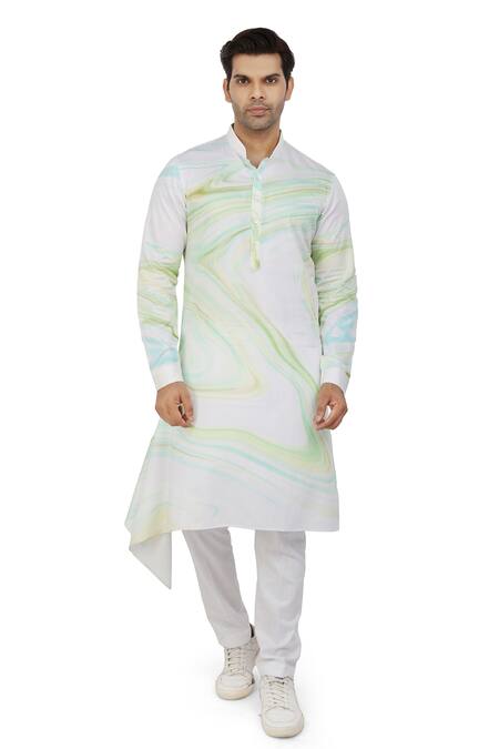 Nitesh Singh Chauhan_Green Giza And Silk Color Splash Bundi With Printed Kurta Set _Online_at_Aza_Fashions
