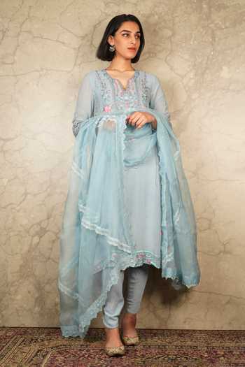 Akriti Blue Handwoven Extra-Weft Round Neck Kurta
