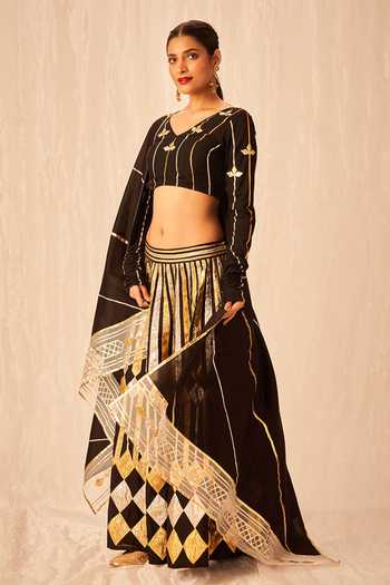 Gulabo By Abu Sandeep Black Cotton Silk Gota V Neck Work Gathered Sleeve Blouse Online at Aza Fashions Gulabo By Abu Sandeep_Black Cotton Silk Gota V Neck Work Gathered Sleeve Blouse _Online_at_Aza_Fashions