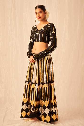 Gulabo By Abu Sandeep Black Cotton Silk Gota V Neck Work Gathered Sleeve Blouse at Aza Fashions Gulabo By Abu Sandeep_Black Cotton Silk Gota V Neck Work Gathered Sleeve Blouse _at_Aza_Fashions