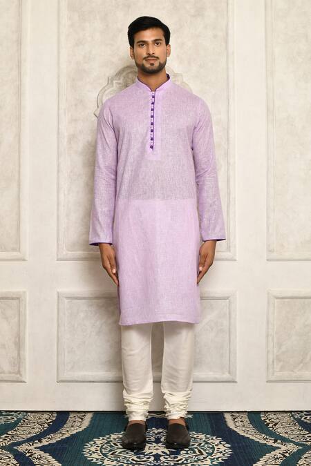 Buy_Arihant Rai Sinha_Purple Cotton Band Collar Kurta Set _Online_at_Aza_Fashions