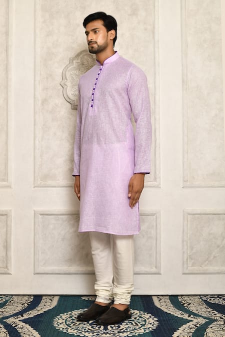 Arihant Rai Sinha_Purple Cotton Band Collar Kurta Set _Online_at_Aza_Fashions