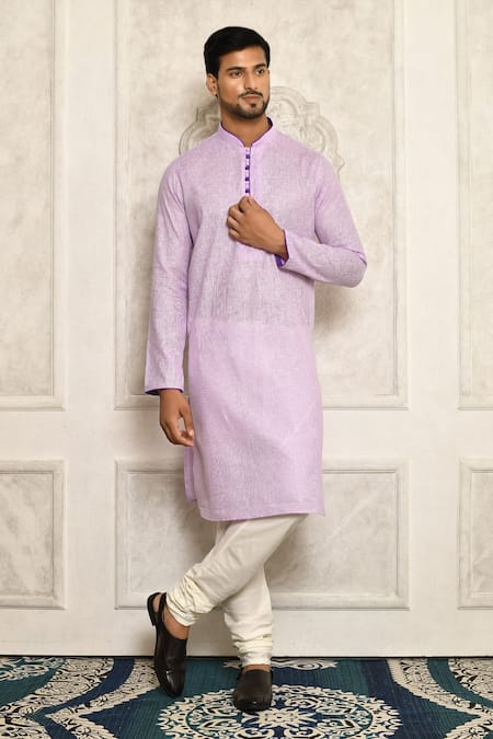 Aryavir Malhotra Purple Cotton Band Collar Kurta 