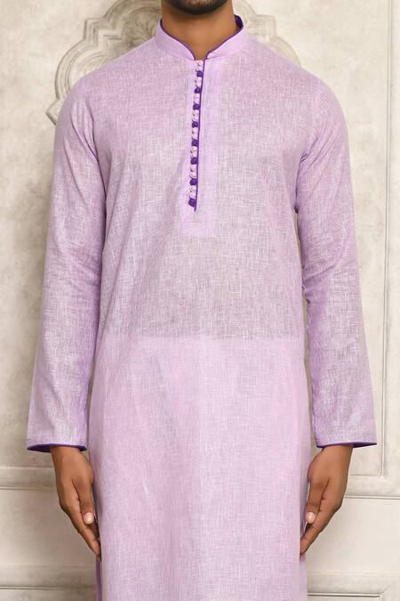Aryavir Malhotra_Purple Cotton Band Collar Kurta_at_Aza_Fashions