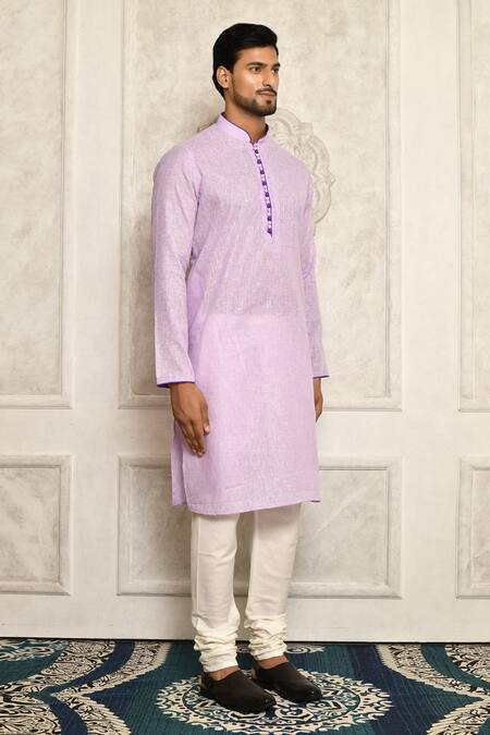 Aryavir Malhotra_Purple Cotton Band Collar Kurta_Online_at_Aza_Fashions