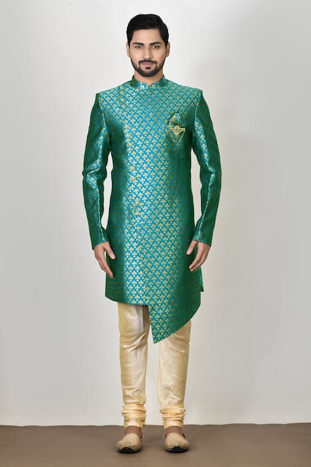 Arihant Rai Sinha Blue Jacquard, Silk Floral Woven Sherwani Set Online at Aza Fashions Arihant Rai Sinha_Blue Jacquard, Silk Floral Woven Sherwani Set _Online_at_Aza_Fashions