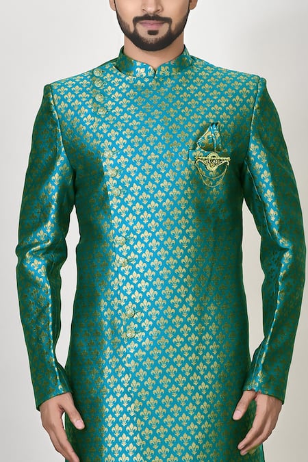Buy Arihant Rai Sinha Blue Jacquard, Silk Floral Woven Sherwani Set Online at Aza Fashions Buy_Arihant Rai Sinha_Blue Jacquard, Silk Floral Woven Sherwani Set _Online_at_Aza_Fashions