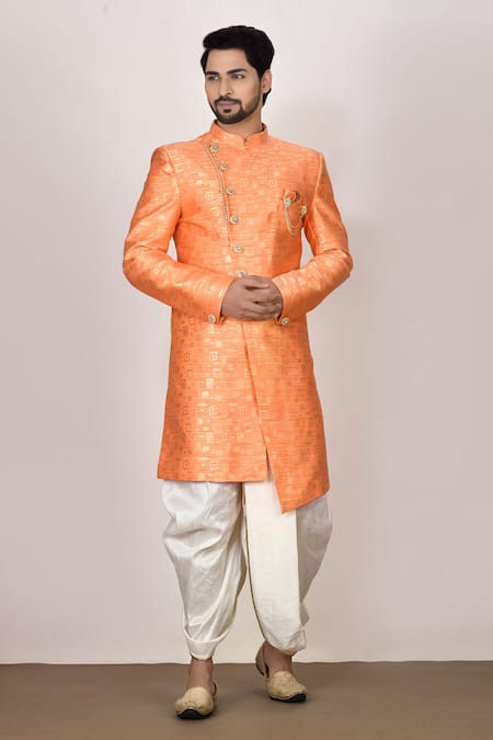 Samyukta Singhania Orange Sherwani Jacquard Woven Geometric Dhoti Pant Set