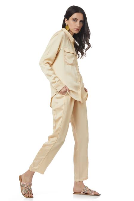 Buy_Ankita_Beige Slub Satin Shirt Collar  _Online_at_Aza_Fashions