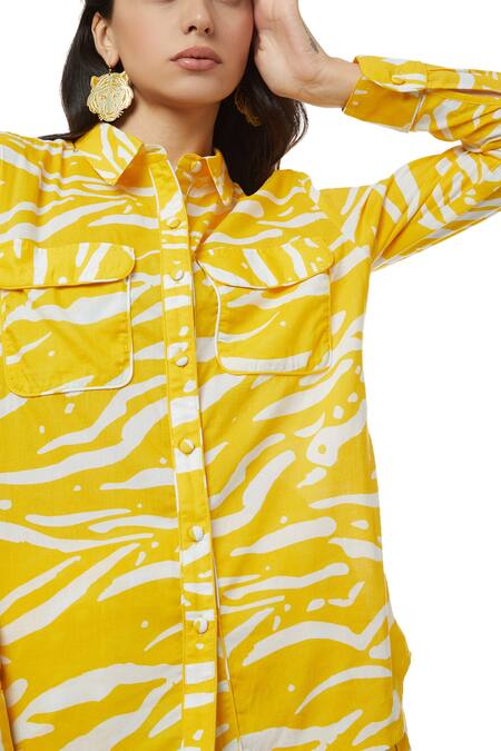 Shop_Ankita_Yellow Cotton Shirt Collar Animal Print _Online_at_Aza_Fashions