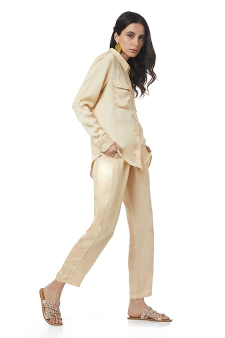 Ankita_Beige Slub Satin Pant  _Online_at_Aza_Fashions
