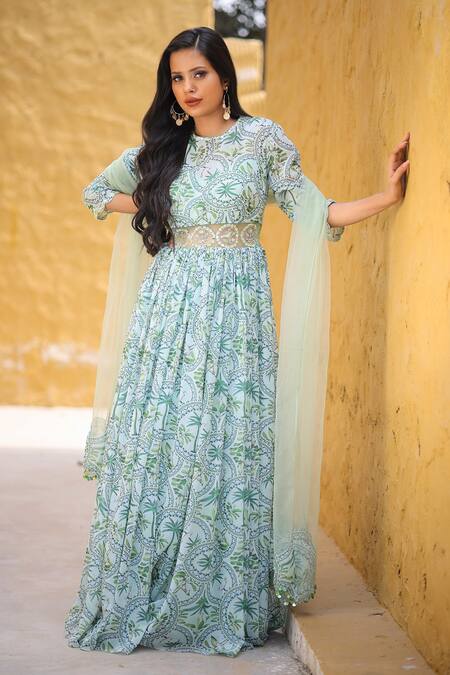 Buy_House Of Tushaom_Green Georgette Printed Tropical Round Anarkali With Dupatta _Online_at_Aza_Fashions