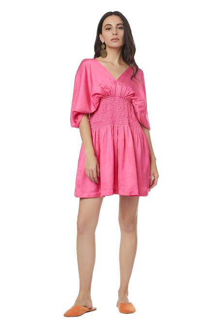 Ankita_Pink Slub Satin V Neck Judy Empire Smocked Waist Dress _Online_at_Aza_Fashions