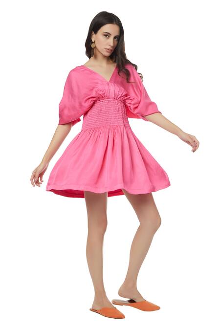 Buy_Ankita_Pink Slub Satin V Neck Judy Empire Smocked Waist Dress _Online_at_Aza_Fashions