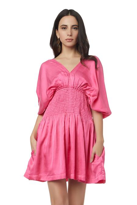 Shop_Ankita_Pink Slub Satin V Neck Judy Empire Smocked Waist Dress _Online_at_Aza_Fashions