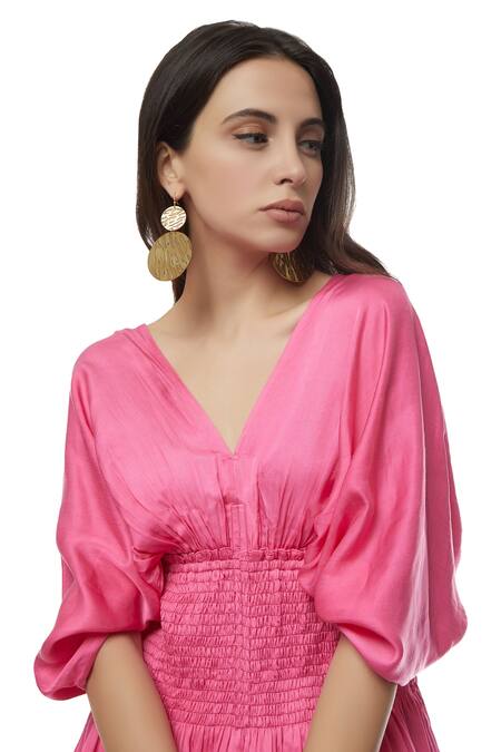 Ankita_Pink Slub Satin V Neck Judy Empire Smocked Waist Dress _at_Aza_Fashions