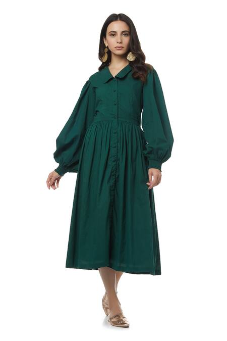 Ankita Green Cotton Spread Collar Greta Shirt Dress   4