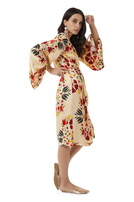 Ankita_Beige Slub Satin V Neck Mallorca Floral Print Wrap Dress _Online_at_Aza_Fashions
