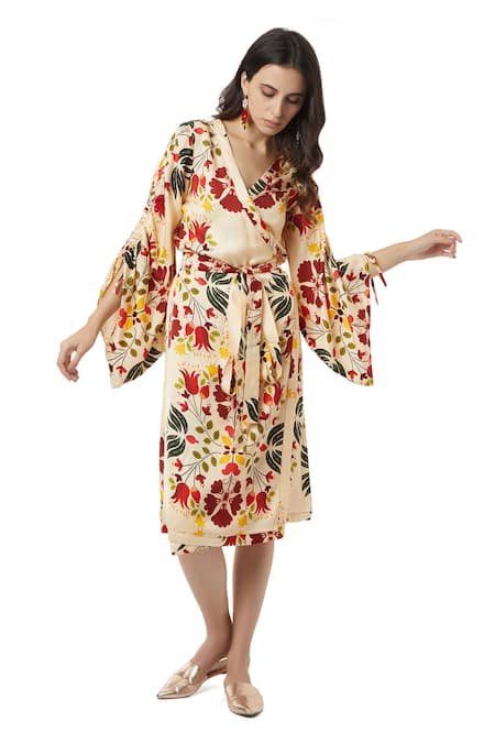 Buy_Ankita_Beige Slub Satin V Neck Mallorca Floral Print Wrap Dress _Online_at_Aza_Fashions