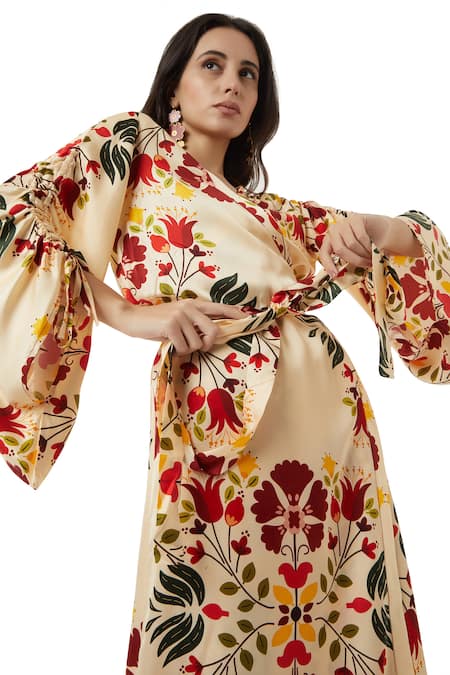 Shop_Ankita_Beige Slub Satin V Neck Mallorca Floral Print Wrap Dress _Online_at_Aza_Fashions