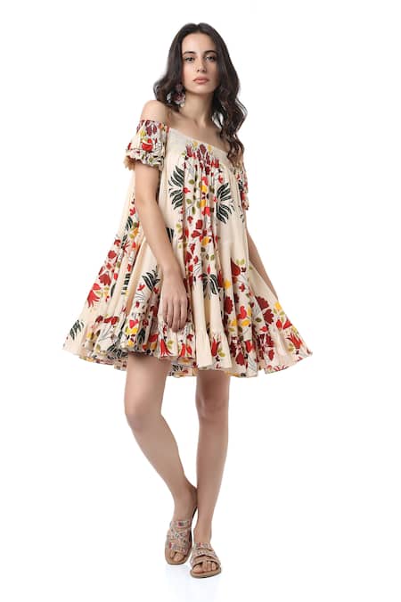 Ankita_Beige Cotton Trapeze Off Shoulder Floral Print Dress _Online_at_Aza_Fashions