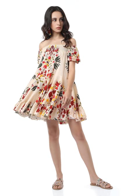 Buy_Ankita_Beige Cotton Trapeze Off Shoulder Floral Print Dress _Online_at_Aza_Fashions