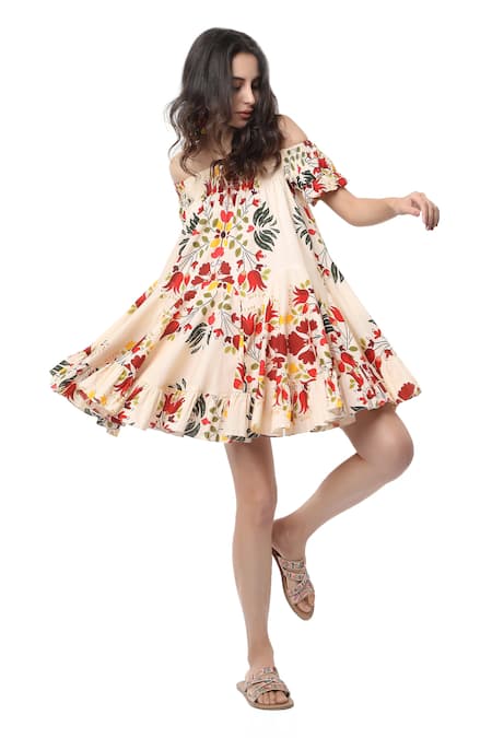 Shop_Ankita_Beige Cotton Trapeze Off Shoulder Floral Print Dress _Online_at_Aza_Fashions