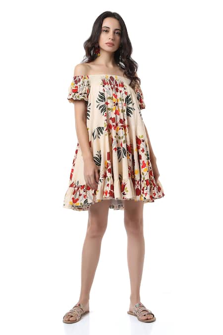 Ankita_Beige Cotton Trapeze Off Shoulder Floral Print Dress _at_Aza_Fashions