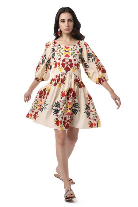 Ankita_Beige Cotton Round Jersey Floral Print Dress _Online_at_Aza_Fashions