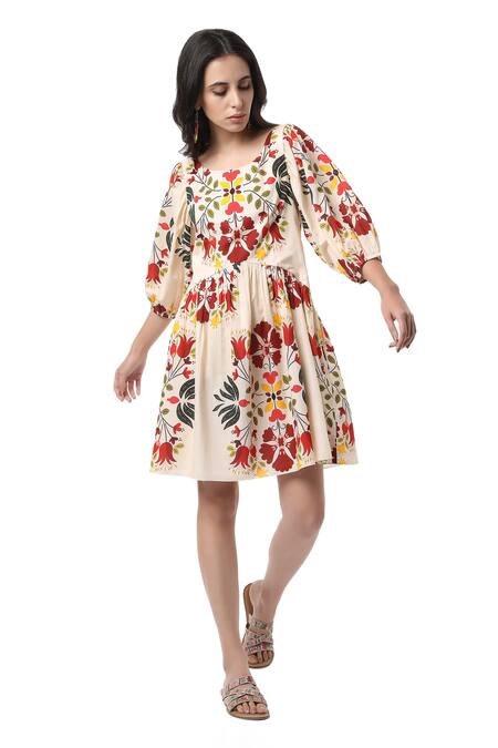 Buy_Ankita_Beige Cotton Round Jersey Floral Print Dress _Online_at_Aza_Fashions