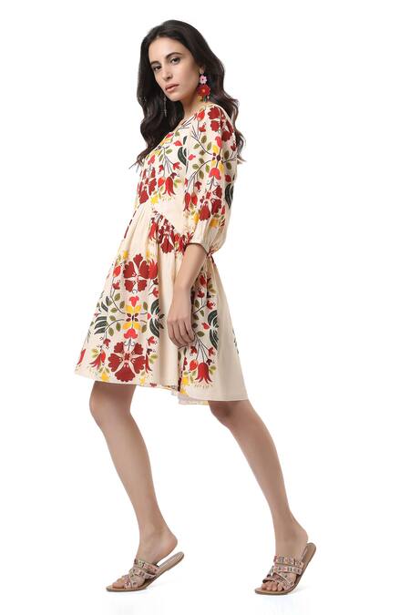 Shop_Ankita_Beige Cotton Round Jersey Floral Print Dress _Online_at_Aza_Fashions