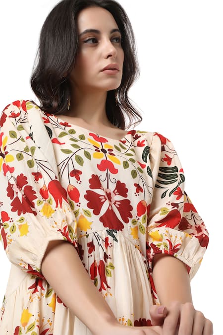 Ankita_Beige Cotton Round Jersey Floral Print Dress _at_Aza_Fashions