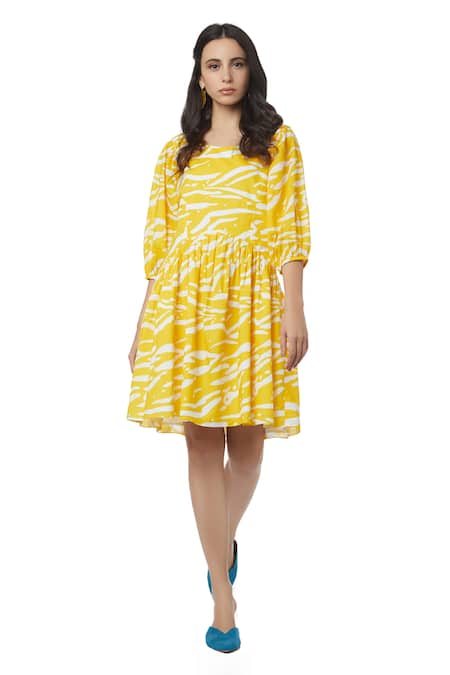 Buy_Ankita_Yellow Cotton Round Jersey Animal Print Dress _Online_at_Aza_Fashions