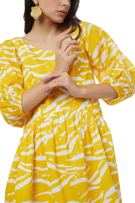 Shop_Ankita_Yellow Cotton Round Jersey Animal Print Dress _Online_at_Aza_Fashions