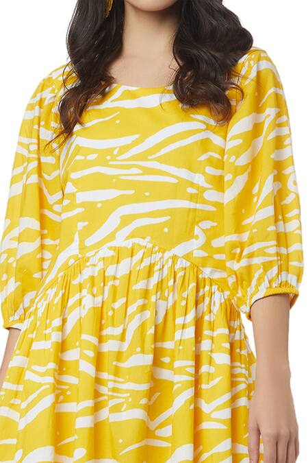 Ankita_Yellow Cotton Round Jersey Animal Print Dress _at_Aza_Fashions