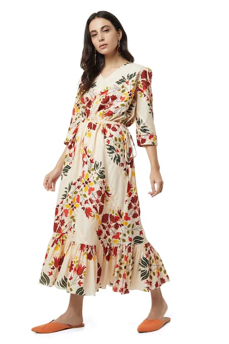 Ankita_Beige Cotton V Neck Aruba Floral Print Midi Dress _Online_at_Aza_Fashions