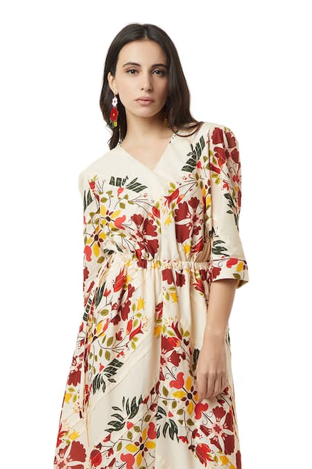 Buy_Ankita_Beige Cotton V Neck Aruba Floral Print Midi Dress _Online_at_Aza_Fashions