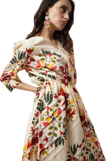 Shop_Ankita_Beige Cotton V Neck Aruba Floral Print Midi Dress _Online_at_Aza_Fashions