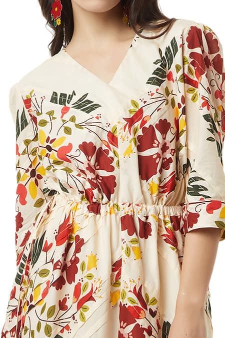 Ankita_Beige Cotton V Neck Aruba Floral Print Midi Dress _at_Aza_Fashions