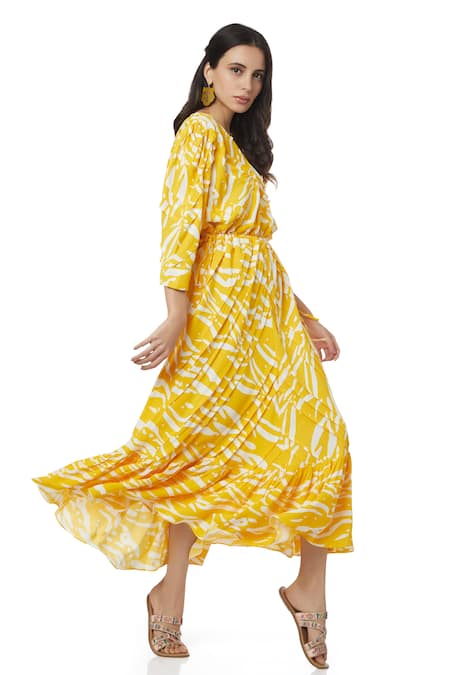 Ankita_Yellow Double Georgette V Neck Aruba Animal Print Midi Dress _Online_at_Aza_Fashions