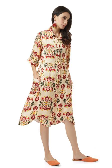 Ankita_Beige Slub Satin Spread Collar Annie Floral Print Shirt Dress _Online_at_Aza_Fashions