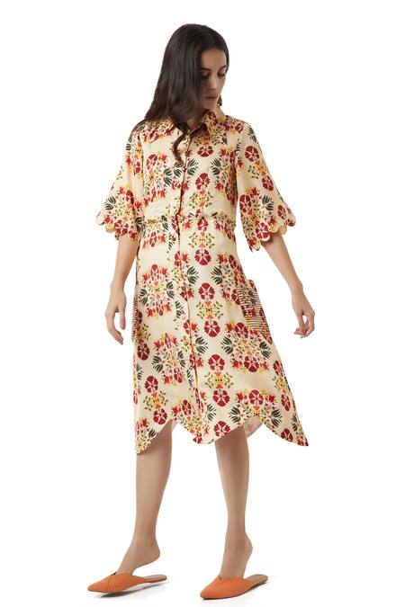 Buy_Ankita_Beige Slub Satin Spread Collar Annie Floral Print Shirt Dress _Online_at_Aza_Fashions