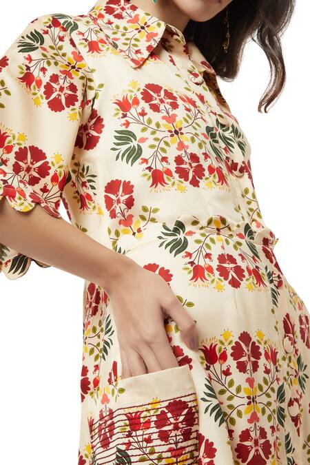 Ankita_Beige Slub Satin Spread Collar Annie Floral Print Shirt Dress _at_Aza_Fashions