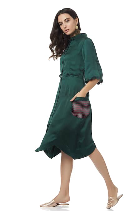 Shop_Ankita_Green Double Georgette Spread Collar Annie Shirt Dress _Online_at_Aza_Fashions
