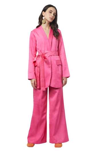 Ankita_Pink Slub Satin Bianca Blazer And Pant Set_Online_at_Aza_Fashions